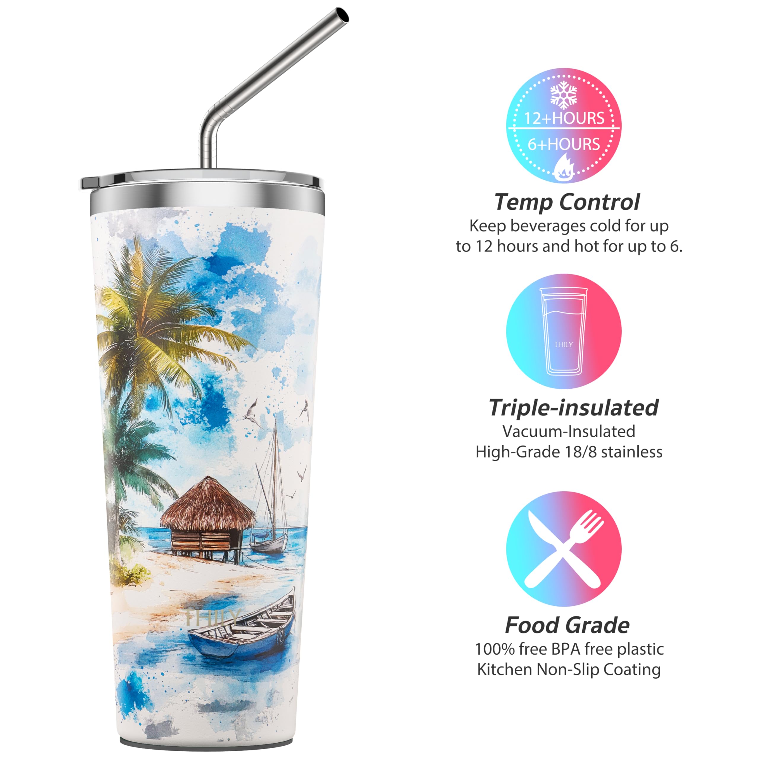 THILY Vacuum Insulated Stainless Steel Tumbler Travel Mug 26 oz Coffee Cup with 2 Lids and Straws, Splash Proof, Reusable, Keep Iced Drinks Cold, Coastal Breeze
