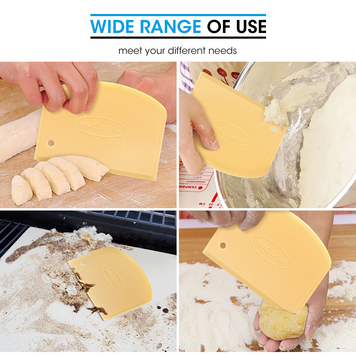 Unicook Dough Scraper, Flexible Bowl Scraper, Pastry Cutter with Measuring Scale, Nonslip Pizza Chopper, Multipurpose Baking Tool for Pizza/Dough/Cake, Easy to Clean, 2 Pack