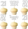 Gyufise 24Pcs 21st Birthday Cupcake Toppers Glitter Twenty-one Vintage 2004 Hello 21 Years Birthday Cupcake Picks Cheers to 21 Cake Decor for Happy 21st Anniversary Party Supplies Silver