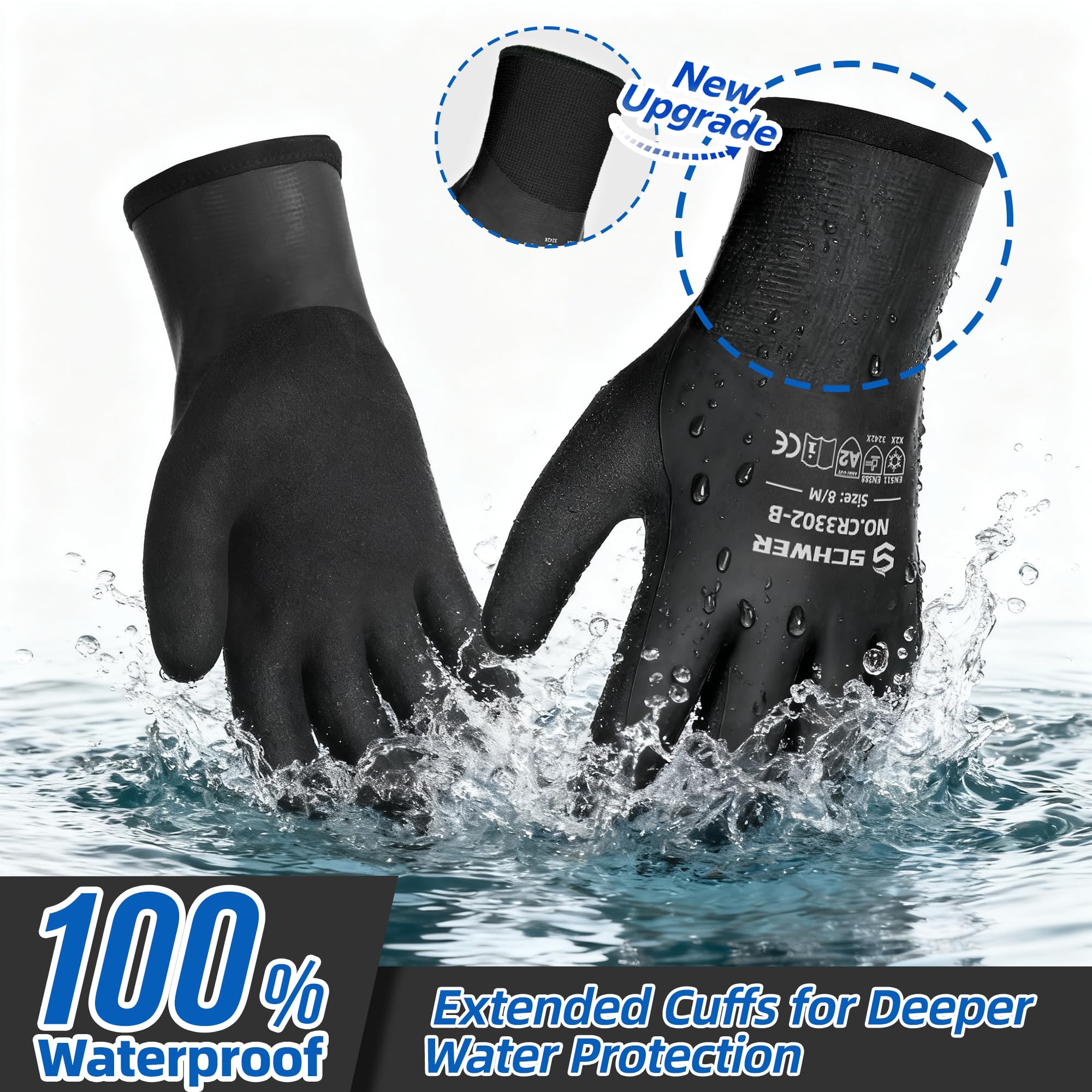 Schwer 2 Pairs Waterproof Winter Work Gloves Latex Coated, CR3302-B, XXL