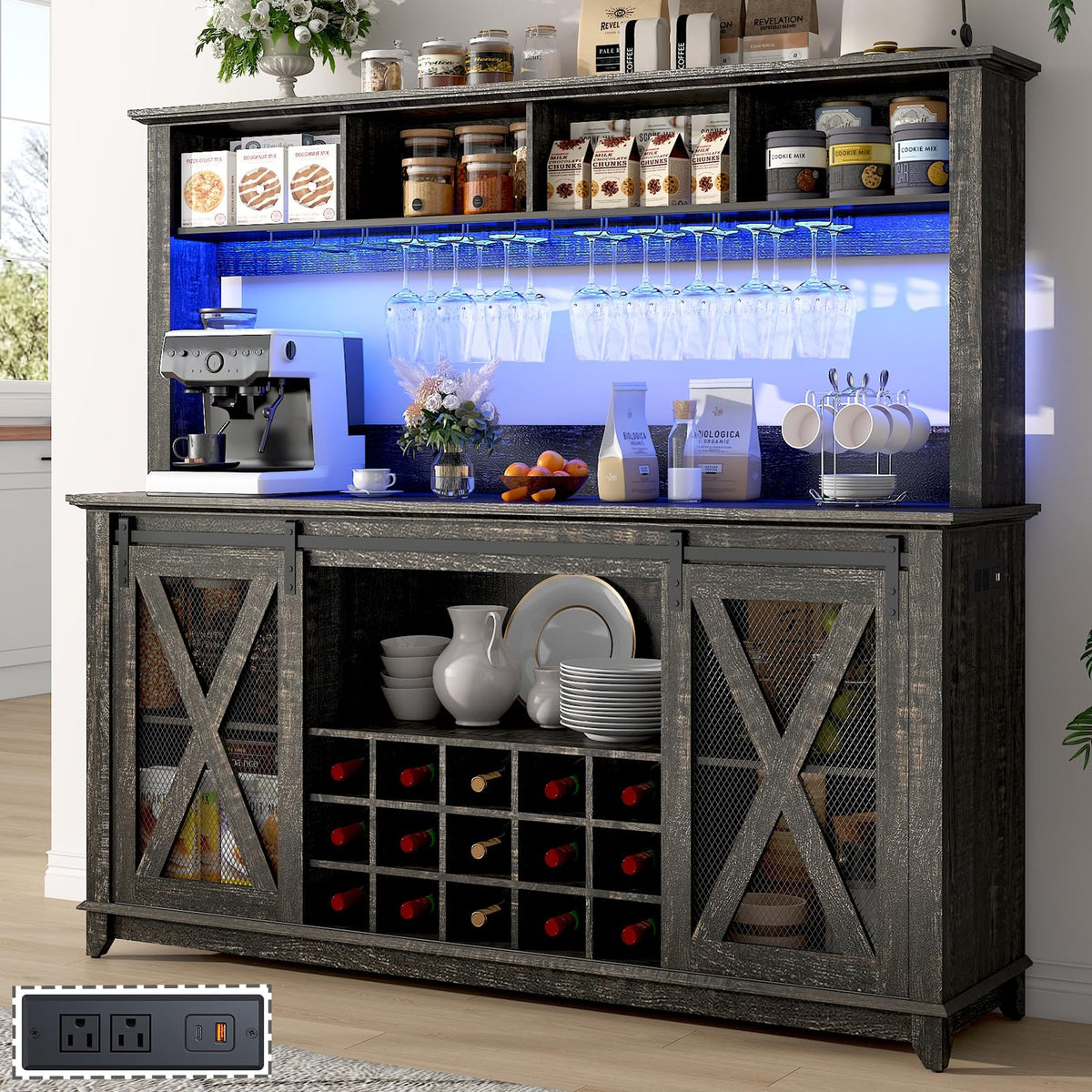 63"Wide 58"H Farmhouse Coffee Bar Cabinet with Power Outlet and LED Light,Wine Bar Cabinet w/ 4 Storage Hutch,Kitchen Buffet Cabinet with 15 Wine and Glass Racks for Kitchen Dining Room(Antique White)
