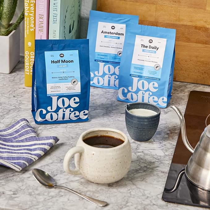Joe Coffee Company (NYC Roaster), Half Moon Half Caffeinated Ground Specialty Coffee, 12 oz Bag, Rainforest Alliance Certified, Kosher, Climate Friendly