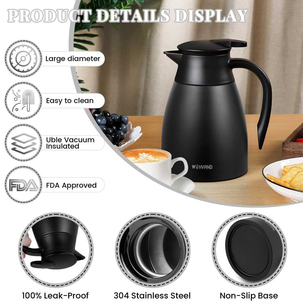 WYHVAND Thermal Coffee Carafe, 34 oz, Leakproof Push-Button Lid, Black
