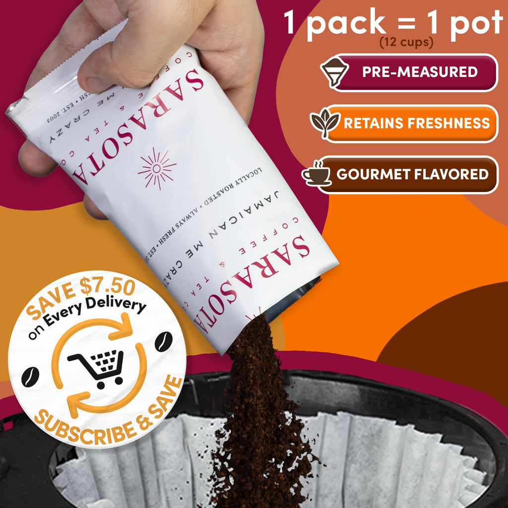 Flavored Ground Coffee Sampler Pack – Variety Gift Set, Medium Roast, Low Acid, Pre-Measured 2oz Pouches, Gourmet Bulk Coffee Packets for 12-Cup Drip Makers