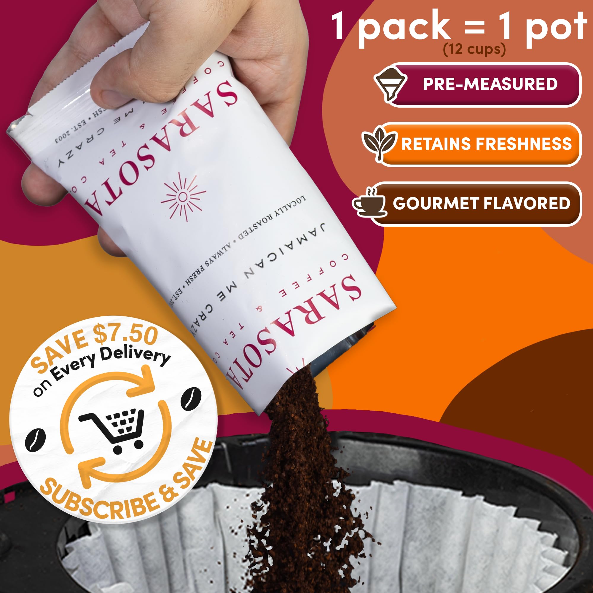 Flavored Ground Coffee Sampler Pack – Variety Gift Set, Medium Roast, Low Acid, Pre-Measured 2oz Pouches, Gourmet Bulk Coffee Packets for 12-Cup Drip Makers