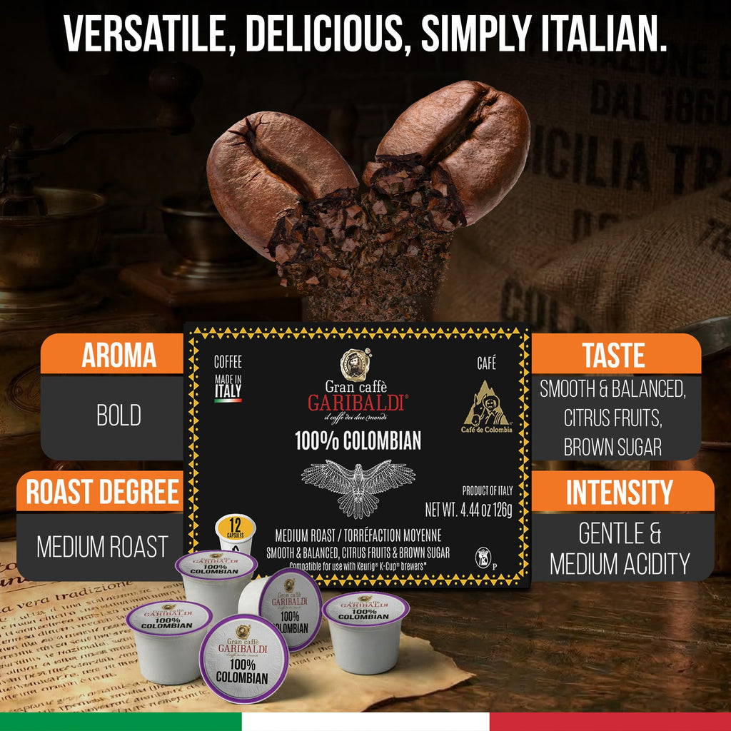 Caffè Garibaldi Colombian Coffee Pods, Medium Roast Arabica 12 Count K Cups