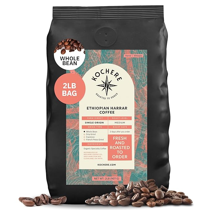 Kochere Ethiopian Harrar Whole Bean Coffee – 2LB Medium Roast – Fresh Roasted to Order – Single Origin, Farm Direct, Rich Flavored Coffee Beans – Chocolate & Fruity Notes