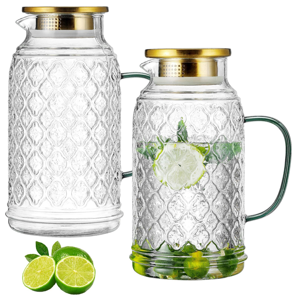 Buaic Glass Pitcher with Lid, 2 PACK 84 oz/2.5 Liter Vintage Water Pitcher