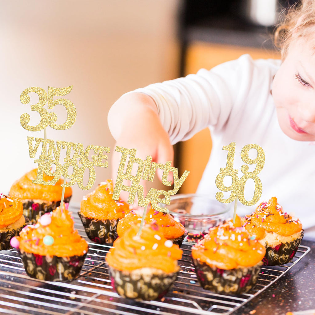 Gyufise 24Pcs Happy 35th Birthday Cupcake Toppers Glitter Thirty Five 35 Fabulous Vintage 1990 Cupcake Picks for 30th Birthday Wedding Anniversary Party Cake Decorations Supplies Gold