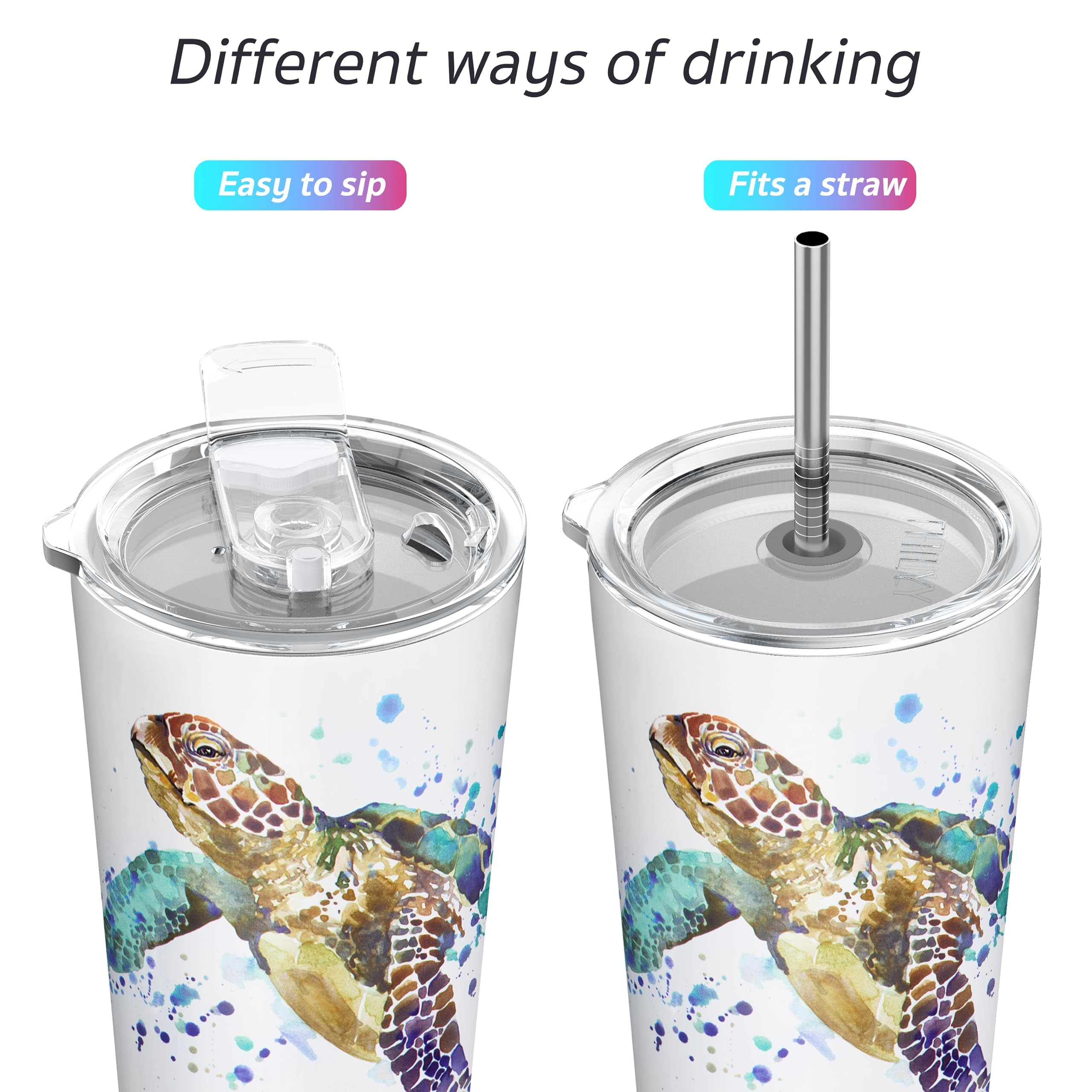 THILY Stainless Steel Vacuum Insulated Tumbler Travel Mug 26 oz Coffee Cup with 2 Lids and Straws, Splash Proof, Keep Ice Drinks Cold, Sea Turtle