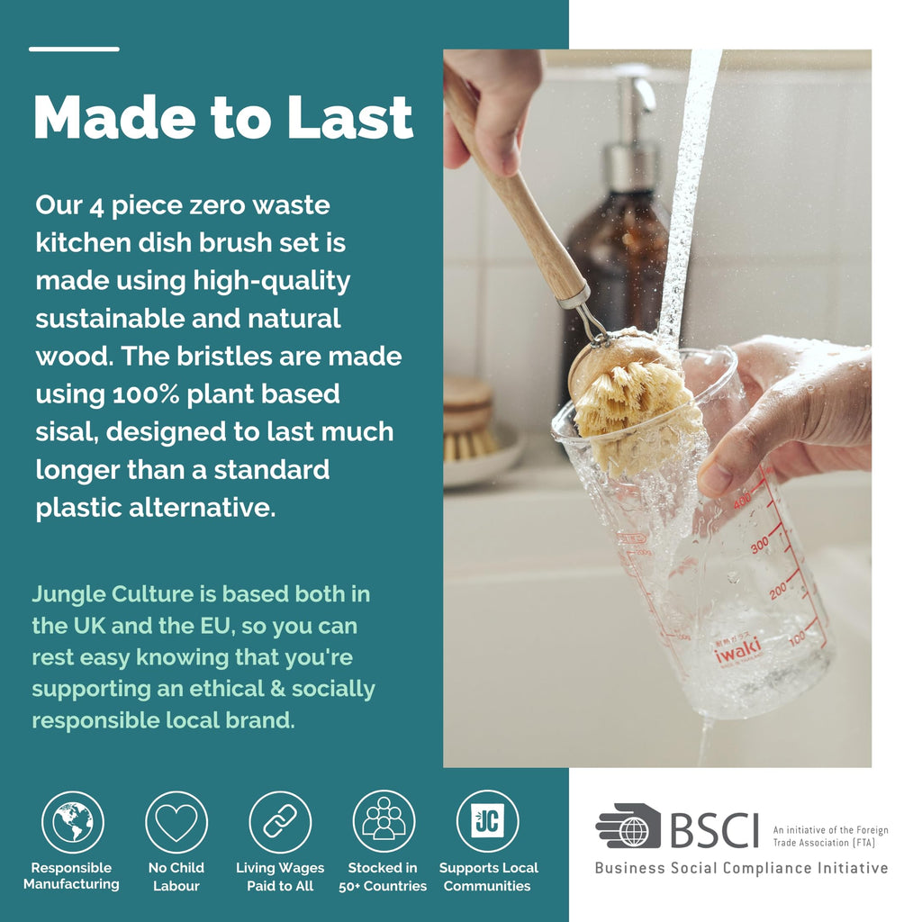 Jungle Culture 4 Piece Bamboo Dish Brush Set for Washing Up • Long Lasting Wooden Dish Brush with 3 Replacement Heads & Loofah Sponge Scourer • Eco Friendly Wooden Scrub Brush for Pots, Pans & Dishes