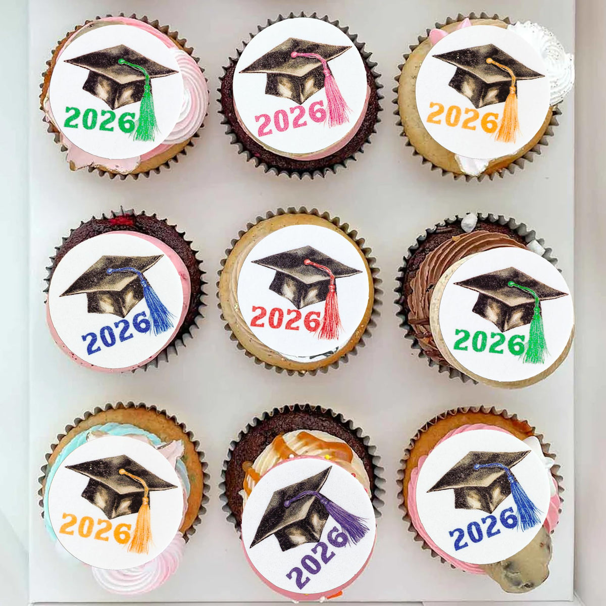 Gyufise 48Pcs Edible 2026 Graduation Cap Cupcake Toppers Wafer Paper Class of 2026 Grad Cap Cupcake Picks for 2026 Graduation Theme Party Cake Decorations Supplies Red