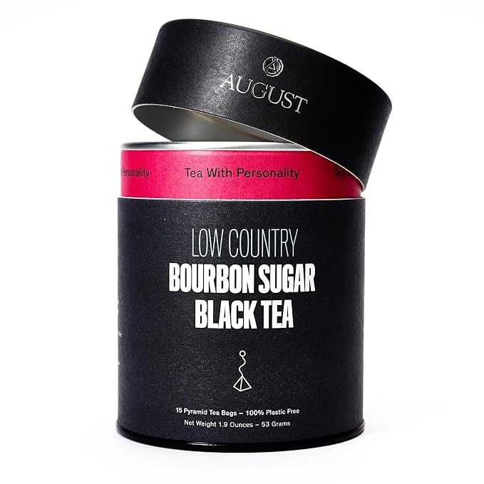 August Uncommon Low Country Bourbon Sugar Black Tea – Vegan, Non-GMO Loose Tea Leaves – Energize Your Day with Southern Wild Flavor in a Convenient Can with 15 Plastic-Free Bags
