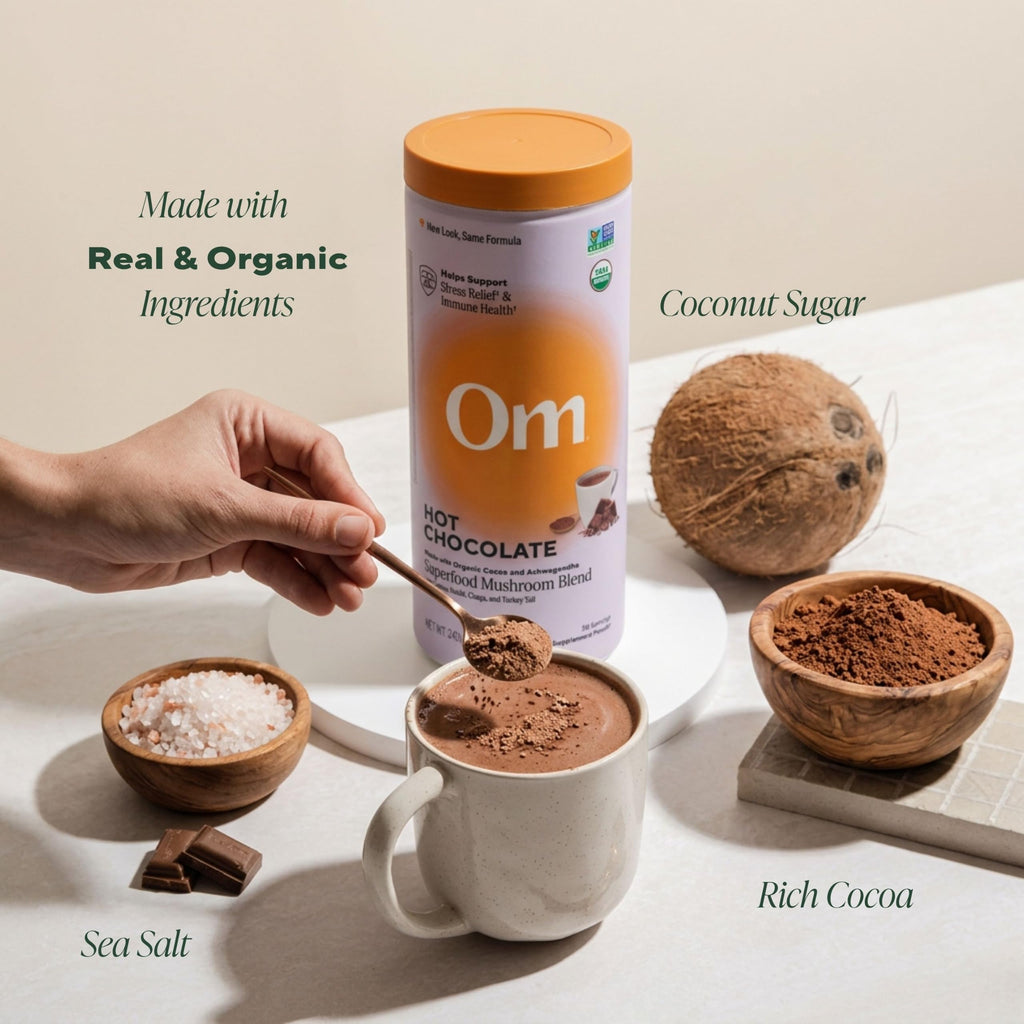 OM MUSHROOM SUPERFOOD Hot Chocolate Blend – Dutch Cocoa with Lion’s Mane, Reishi, Chaga & Turkey Tail – Supports Focus, Calm & Stress Relief – 2g Sugar, 25 Calories – 8.47 oz Canister (30 Servings)