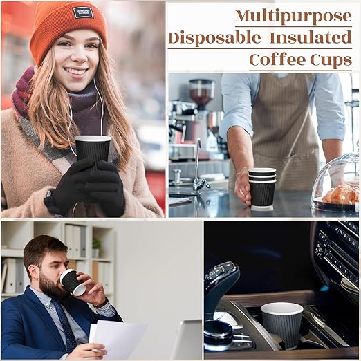 Yaomiao 200 Pcs 4 oz Disposable Espresso Coffee Cups Ripple Corrugated Paper Insulated Hot Cups for Party Cold Drinks Hot Beverage Tea(Black)