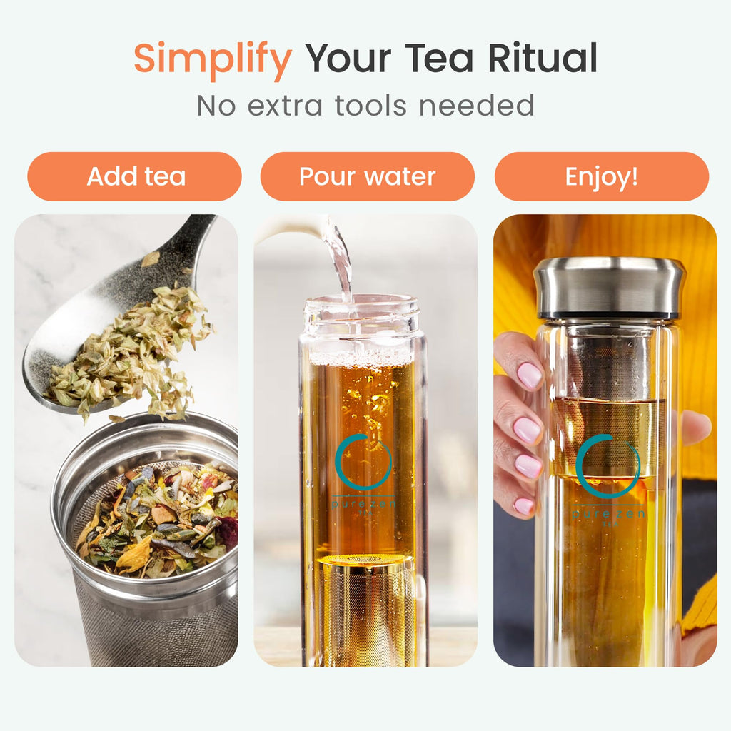 Pure Zen Tea Infuser Bottle, 13 oz, Tea Bottle with Infuser, Tea Gift Set