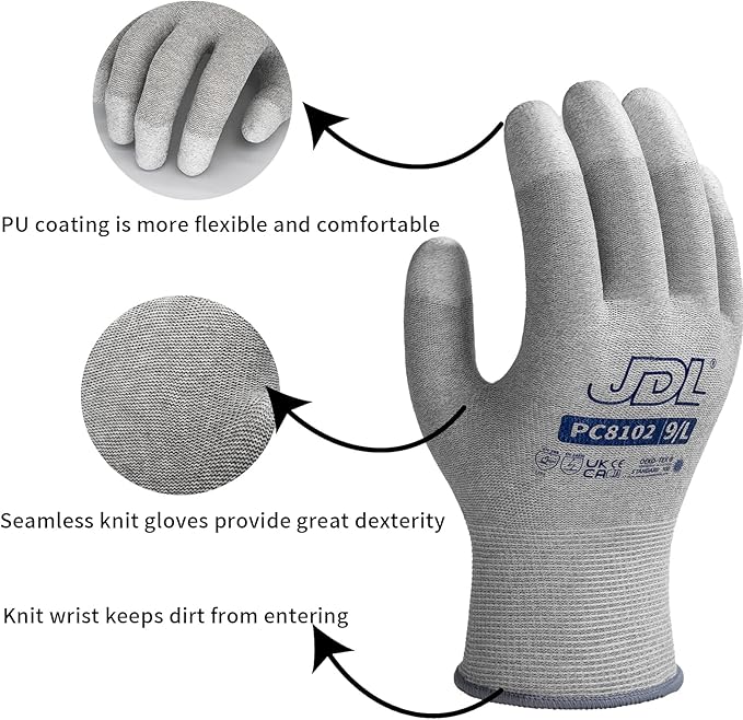 JDL ESD Work Gloves, Anti-Static Gloves for PC Building, 12 pairs, Computer Installation & Repair, High Resistance Carbon Fiber Gloves, X-Large