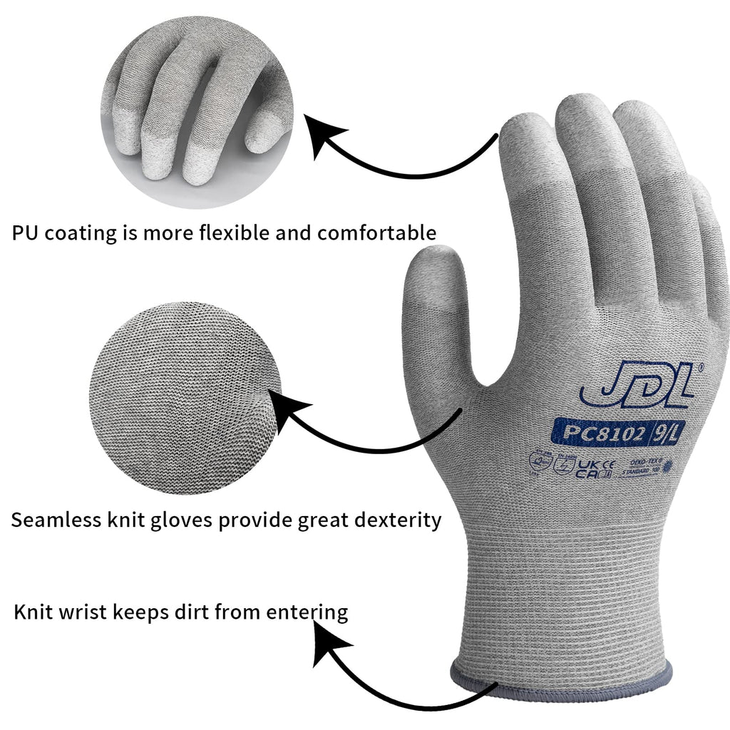 JDL ESD Work Gloves, Anti-Static Gloves for PC Building, 12 pairs, Computer Installation & Repair, High Resistance Carbon Fiber Gloves, Large