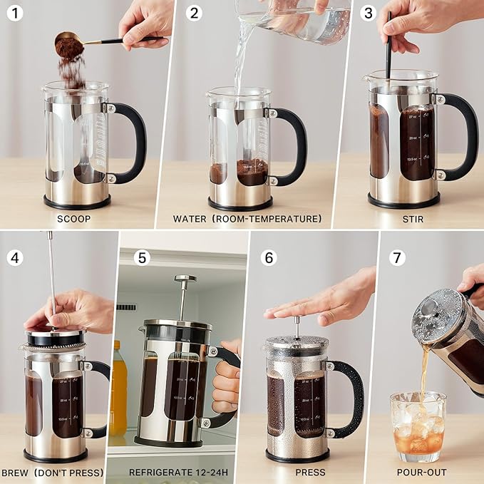 BAYKA 34oz French Press Cold Brew Coffee Maker, Heat and Cold Resistant Thickened Borosilicate Glass Stainless Steel Press Percolators, Iced Tea Pot Pitcher for Kitchen Travel Camping,1 Liter,Silver