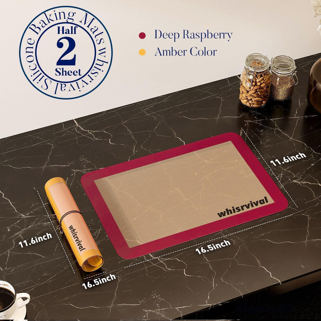whisrvival Silicone Baking Mat, 2 colors Half Sheet(16.5"x11.6") Non-Stick Baking Mat, Food Safe Silicone Mats for Baking Cookies, Macarons, Vegetables, 480℉ Heat Resistant (Deep Raspberry & Amber)
