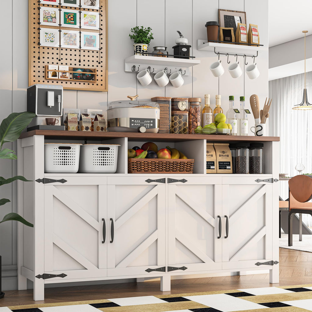 knoworld Buffet Sideboard with Storage Farmhouse, Large Kitchen Storage Cabinet Wood Coffee Bar Cabine Buffet for Kitchen, Dining Room, Living Room, 55in, White