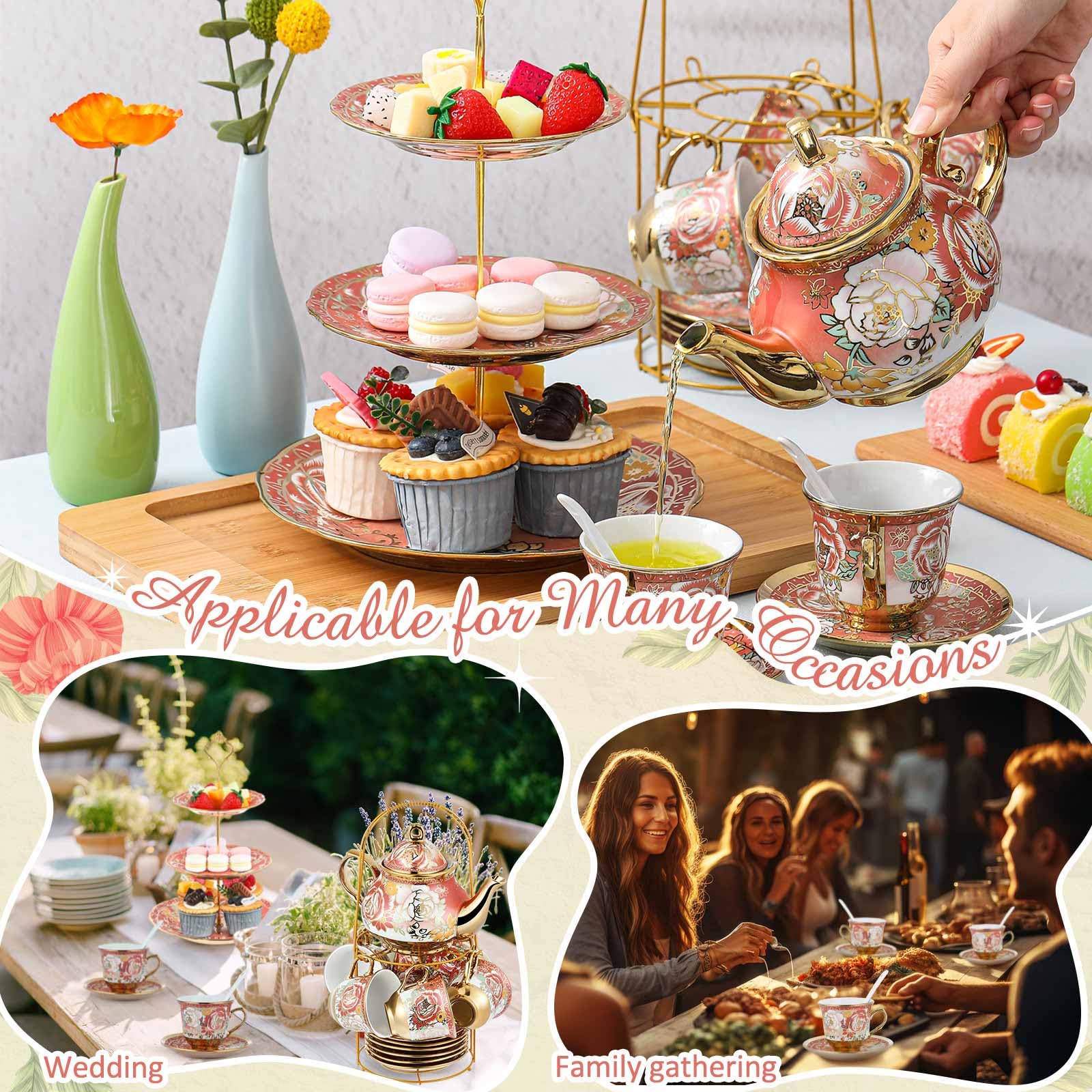 Maxcheck 21 Pcs Porcelain Tea Set for Women Tea Party with Metal Holder and 3 Tier Cake Stand Ceramic European Floral Teapot Set for Adults Mother's Day Christmas Thoughtful Gift(Romantic Style)