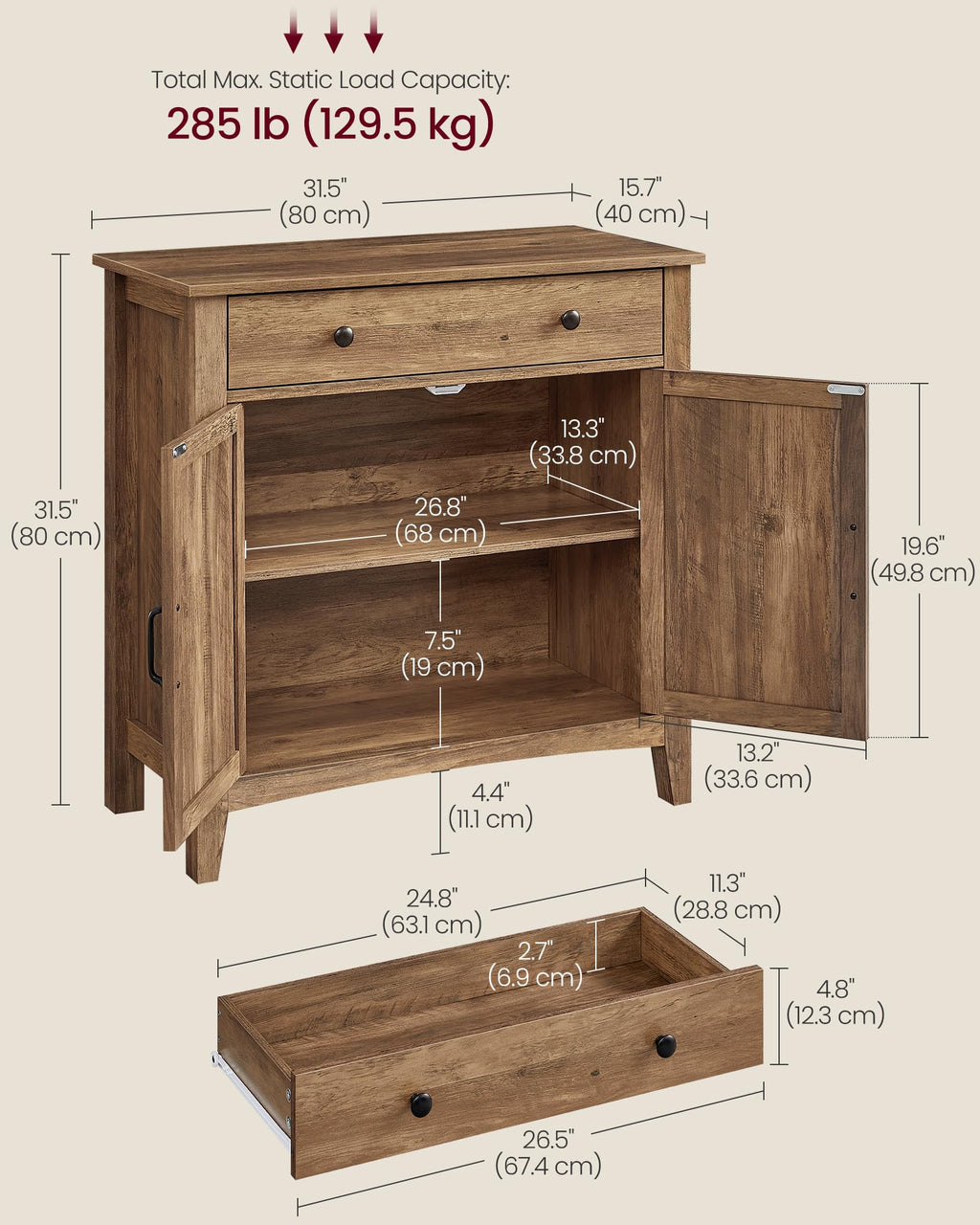 VASAGLE LIRY Collection - Buffet Cabinet, Coffee Bar Cabinet with a Drawer, Adjustable Shelf, Sideboard Storage with Cable Hole, Drawer Divider, Honey Brown UBBK341K01