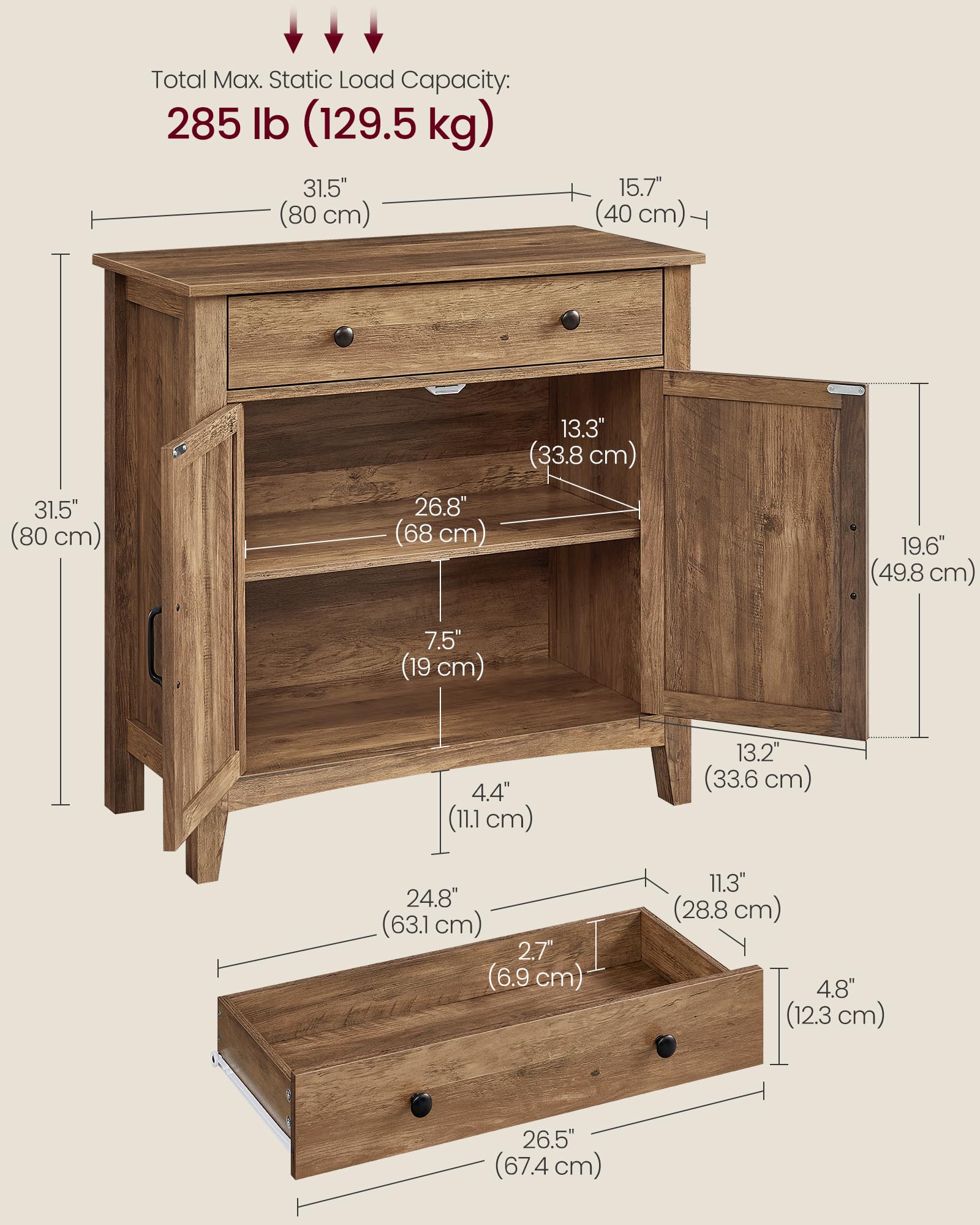 VASAGLE LIRY Collection - Buffet Cabinet, Coffee Bar Cabinet with a Drawer, Adjustable Shelf, Sideboard Storage with Cable Hole, Drawer Divider, Honey Brown UBBK341K01