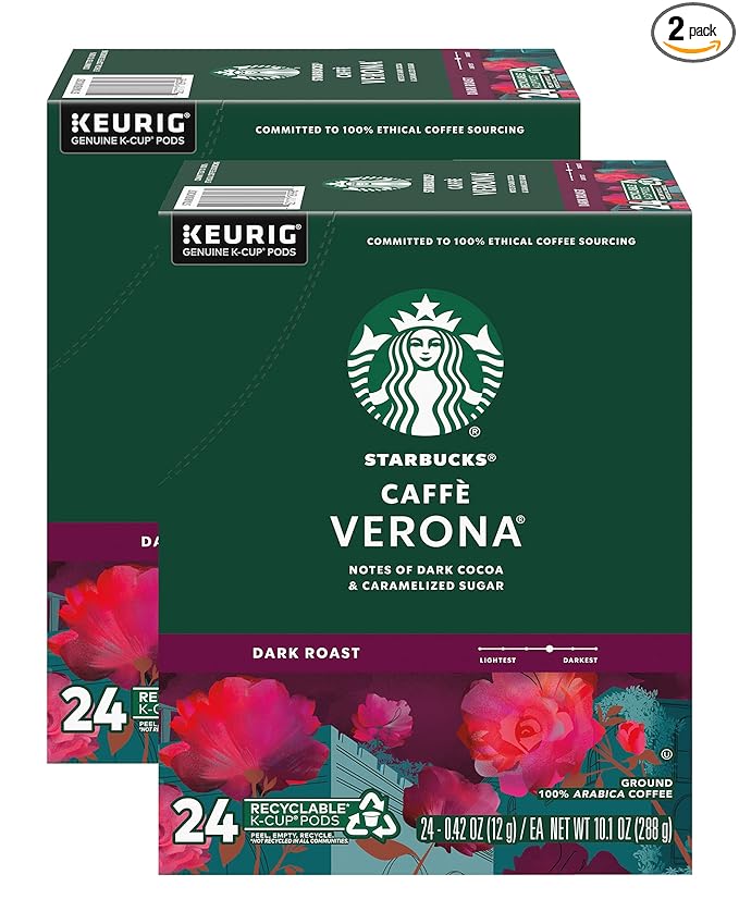Starbucks Coffee K-Cup Pods, Caffè Verona, Dark Roast Coffee, Notes of Dark Cocoa & Caramelized Sugar, Keurig Genuine K-Cup Pods, 24 CT K-Cups/Box (Pack of 2 Boxes)