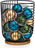 Coffee Pod Holder -Black Wire K Cup Storage with Wooden Base - Large Capacity Slim Design - Modern Coffee Basket Decor for Kitchen Countertop for Keurig Kcups & Espresso Capsules