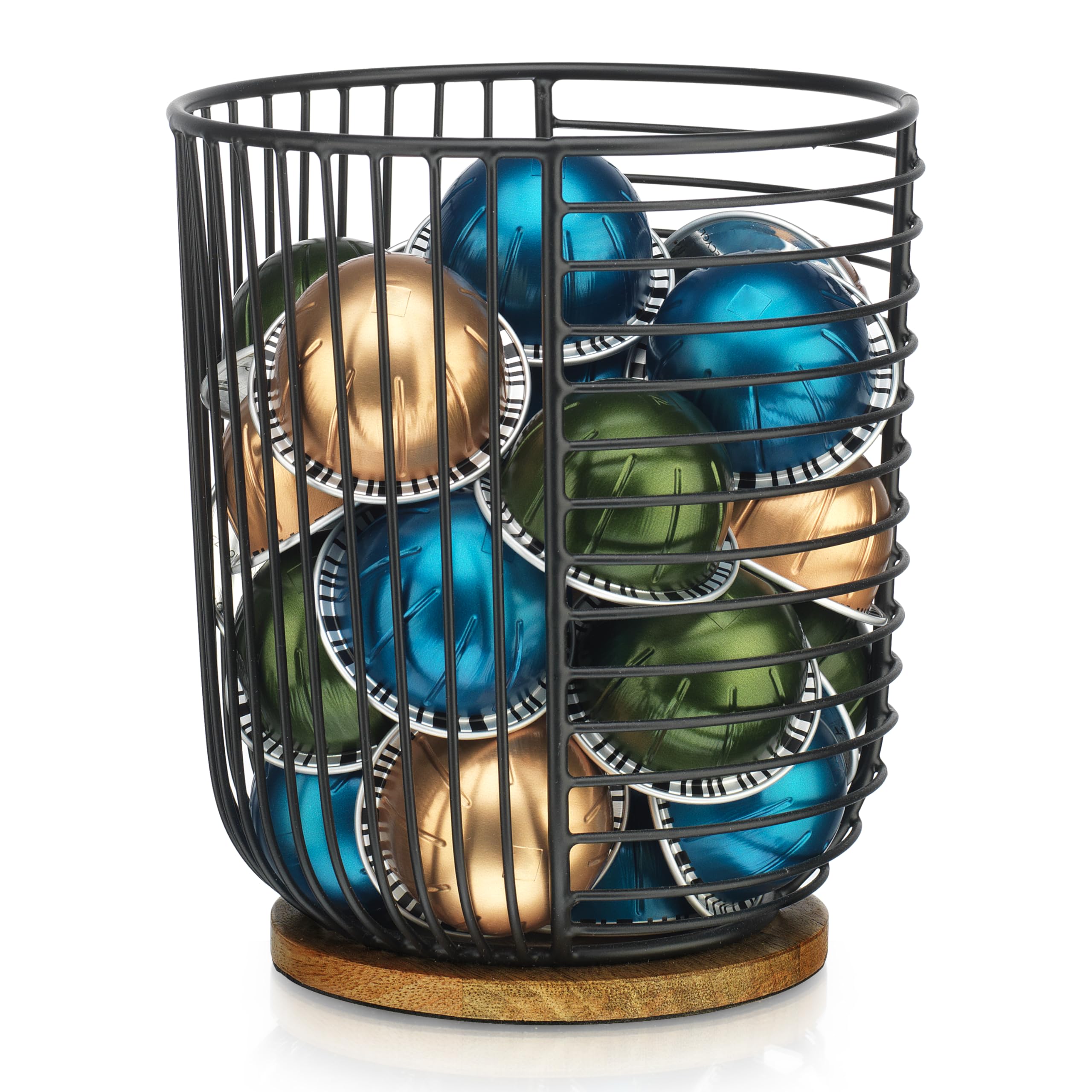 MosJos Coffee Pod Holder -Black Wire K Cup Storage with Wooden Base - Large Capacity Slim Design - Modern Coffee Basket Decor for Kitchen Countertop for Keurig Kcups & Espresso Capsules