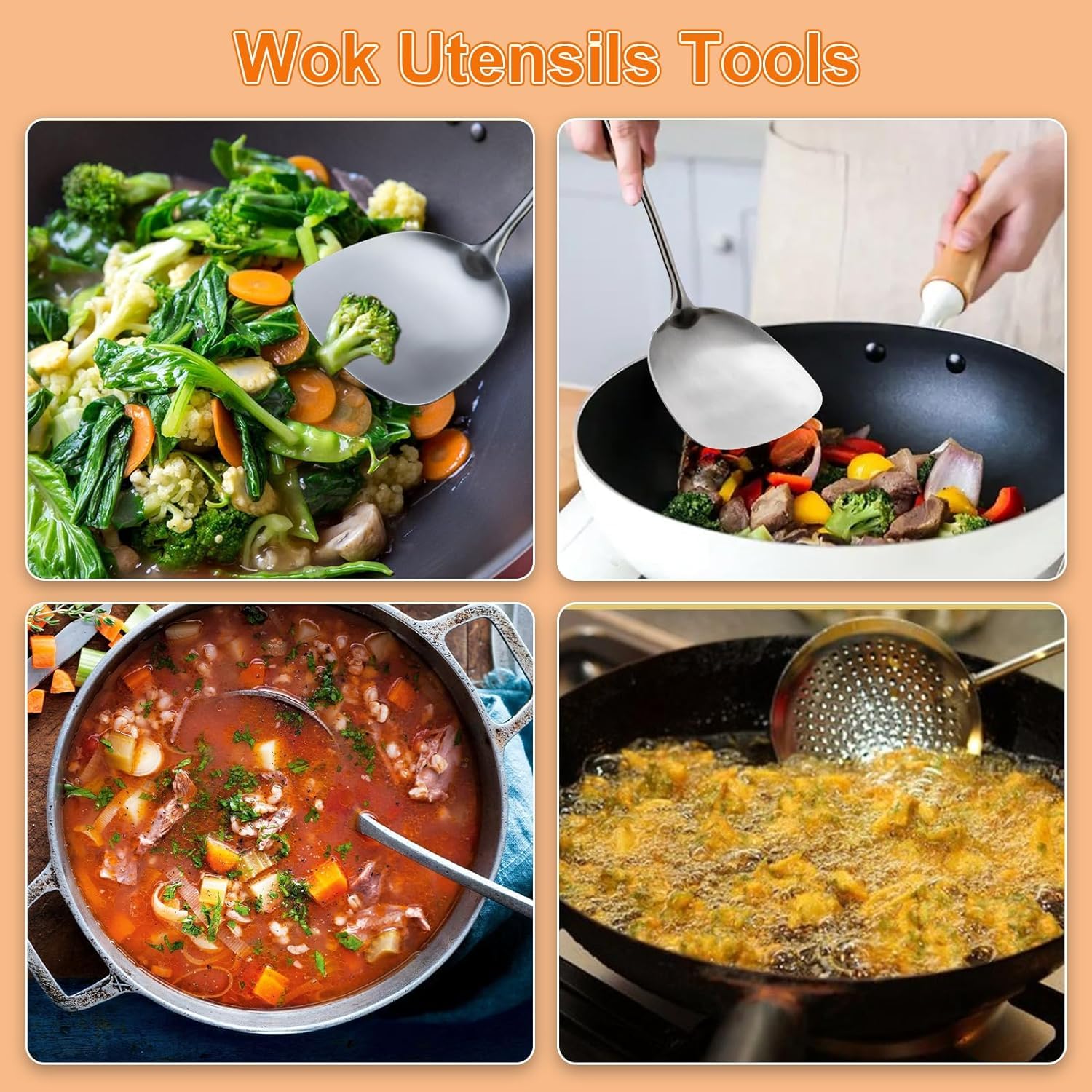 FJNATINH Wok Utensils - Wok Spatula Metal Set, 4-Pieces 14-15 Inch Extra Long, Wok Tools Professional Set, Wooden Handle Skimmer, Soup Ladle, Slotted Turner