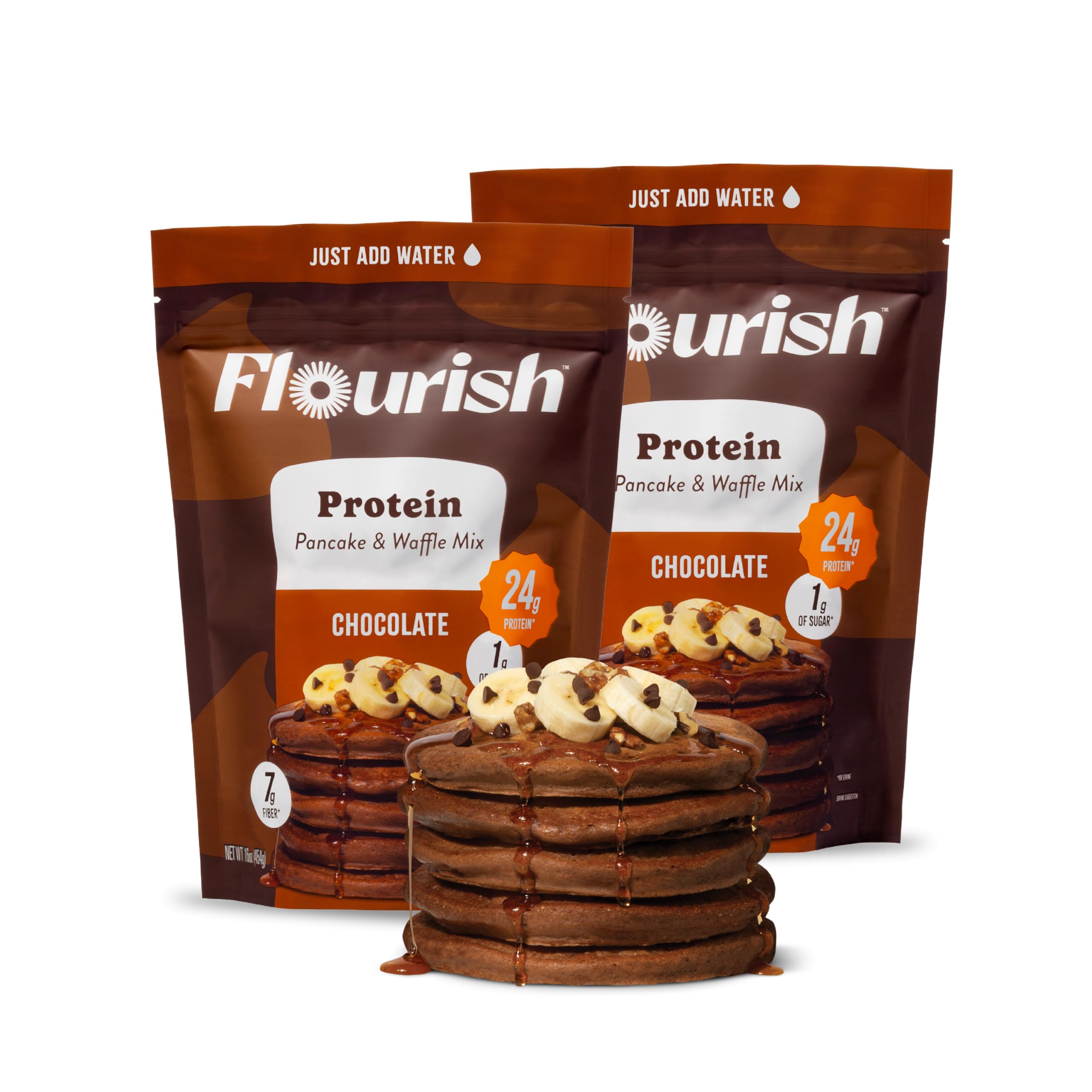 Flourish Protein Pancake & Waffle Mix, with Whey Protein & Flax Seed, No Added Sugar, High in Protein & Fiber - Just Add Water - Chocolate Flavour, 16oz (2 Pack)