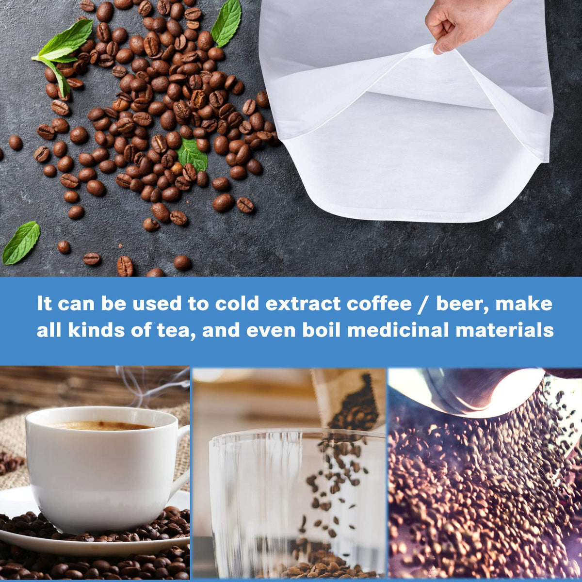 50 Pack Cold Brew Coffee Filters, 20" X 20" Commercial Bags, Brew Up To 5 LBS Coffee, Filter Bag, 5 Gallon