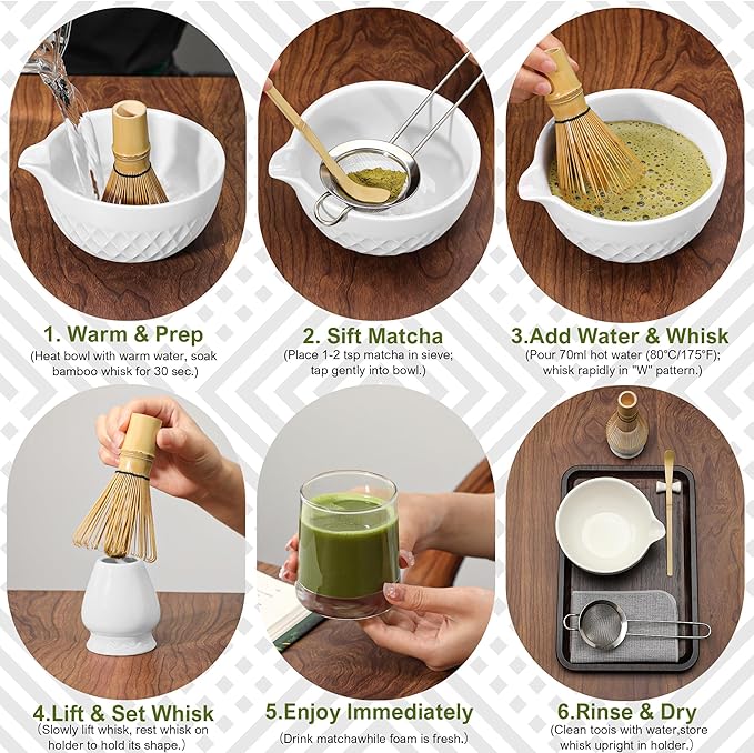 Matcha Whisk Set, 7 Pcs Matcha Kit, Ceramic Matcha Set Includes Matcha Bowl with Spout, Matcha Whisk and Holder, Bamboo Scoop, Scoop Rest, Sifter and Tea Towel (Ceramic White)