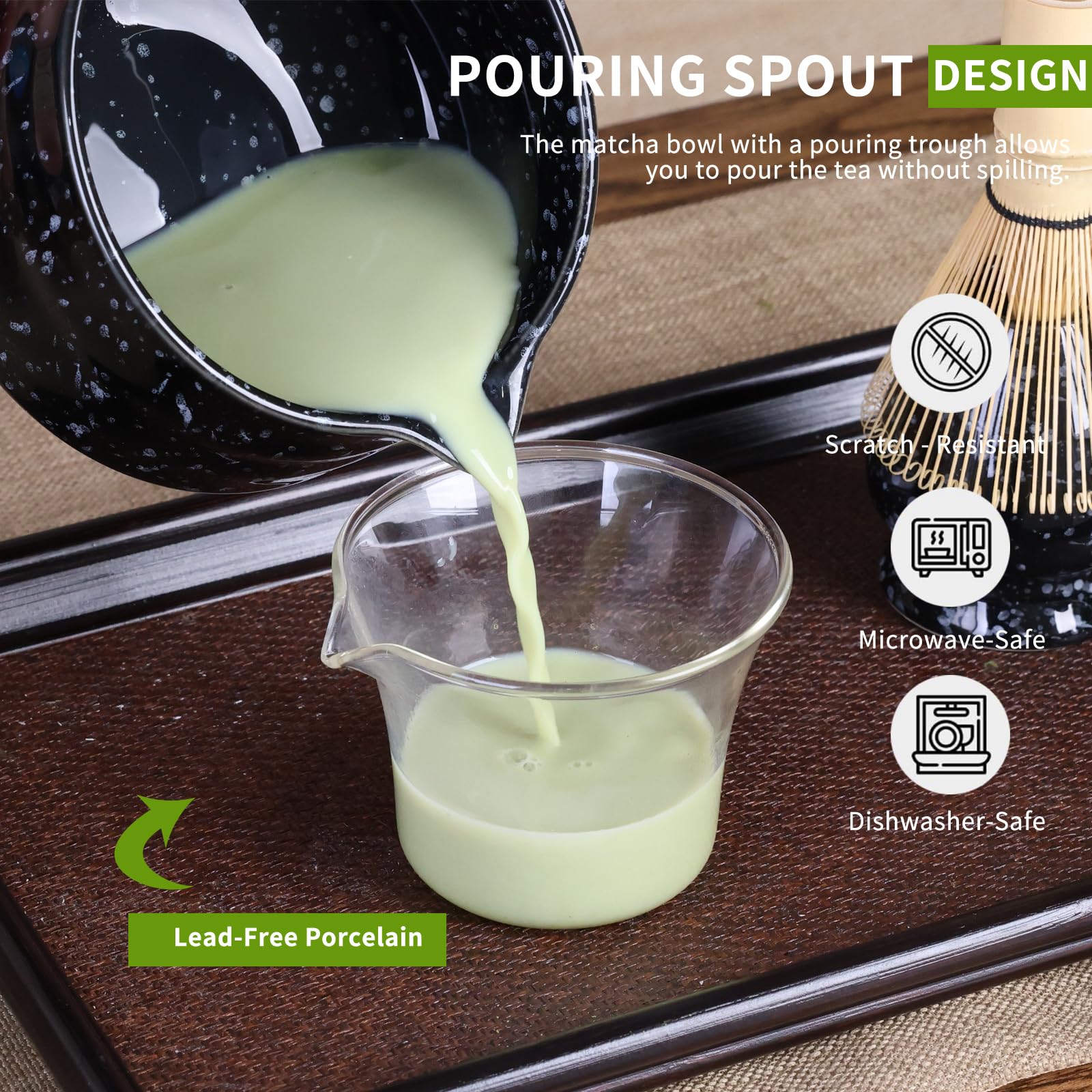 VONAHAST Japanese Ceramic Matcha Bowl - 16oz Speckle Glaze Chawan & Whisk Stand for Perfect Froth, Dishwasher Safe Black
