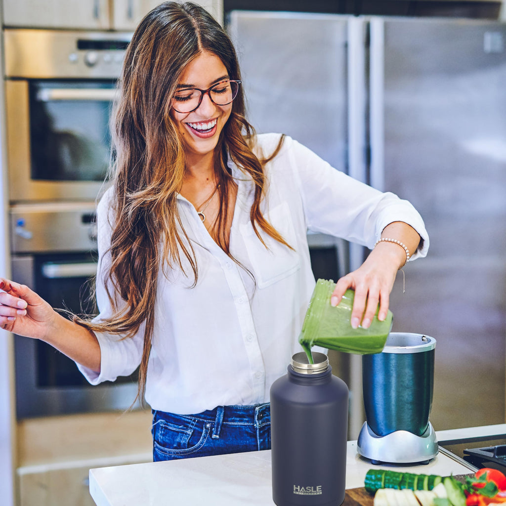 HASLE OUTFITTERS Half Gallon Insulated Water Bottles 64 oz, Stainless Steel Metal Water Jug with 2 Lids Keep Cold 48h/Hot 24h, Leak Proof & BPA-Free Water Flask Jug(Navy,1)