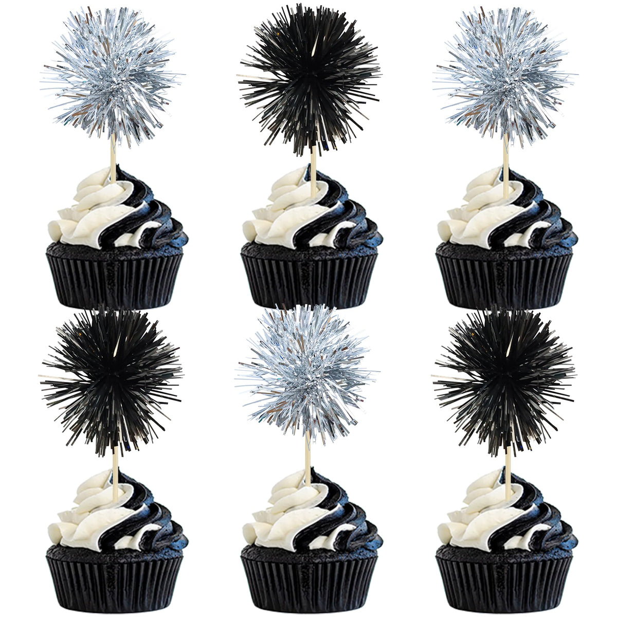 Gyufise 30Pcs Foil Firework Cupcake Toppers Sparkle Tinsel Cake Toppers Tinsel Drink Cake Decoration Cocktail Picks for Birthday Wedding Graduation Party Supplies Dark Blue