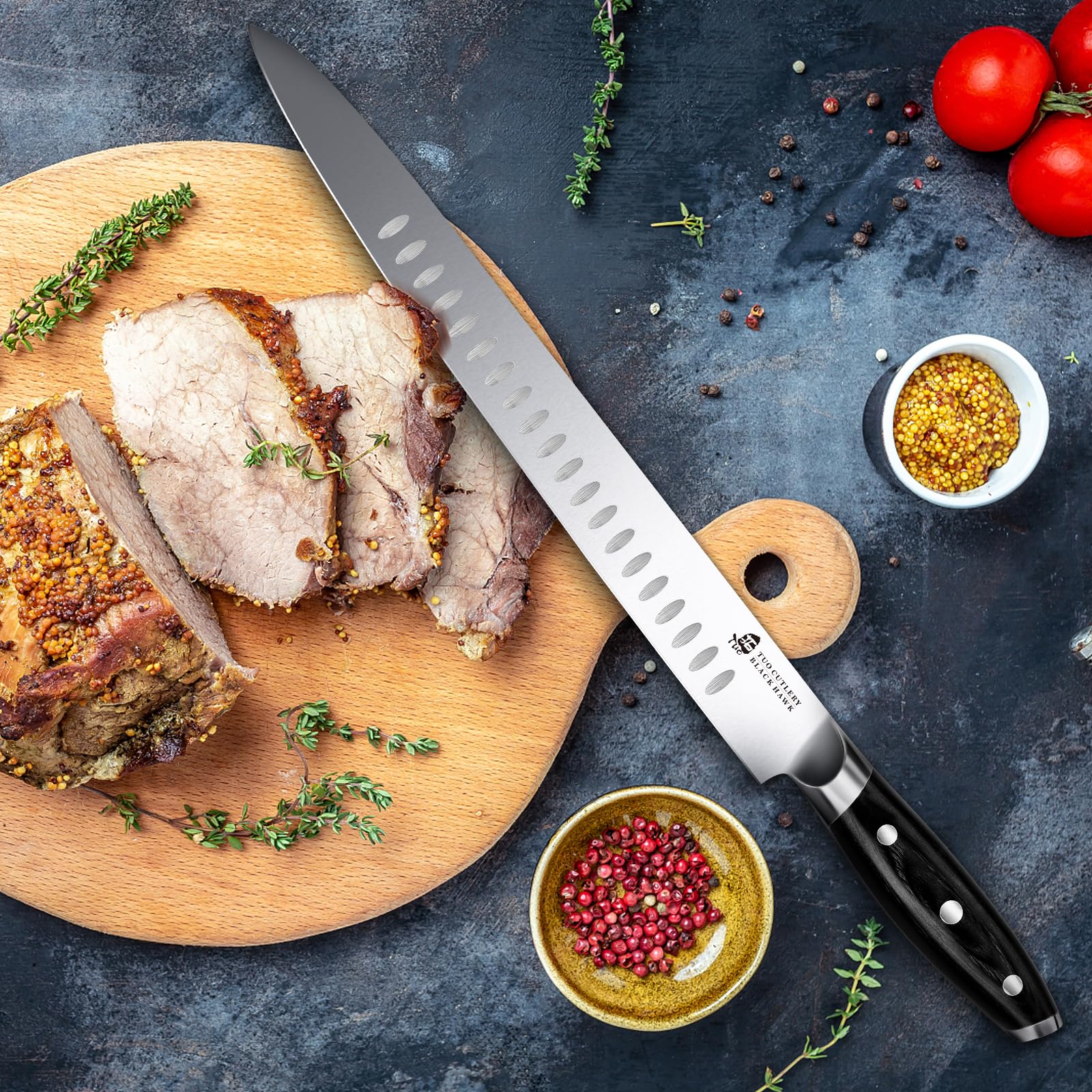 TUO Carving Knife - 12 Inch Brisket Slicing Knife for Grilled Meat and Bacon - High Carbon German Steel - Pakkawood Handle with Gift Box - BLACK HAWK SERIES
