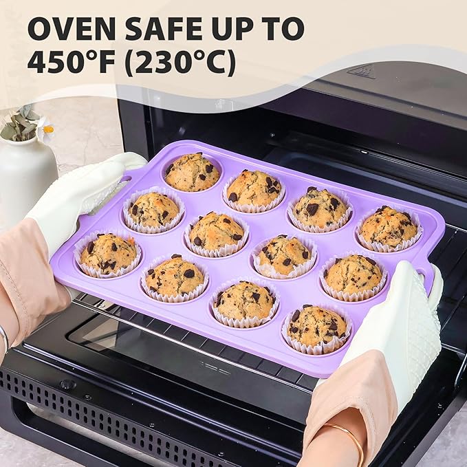 2 Pack Silicone Muffin Pan 12 and 24 Cup with Metal Frame, Non Stick Silicone Mini Cupcake Pan with Handles, BPA Free Silicon Regular Muffin Tin Tray Small for baking, egg bites, Mold Purple