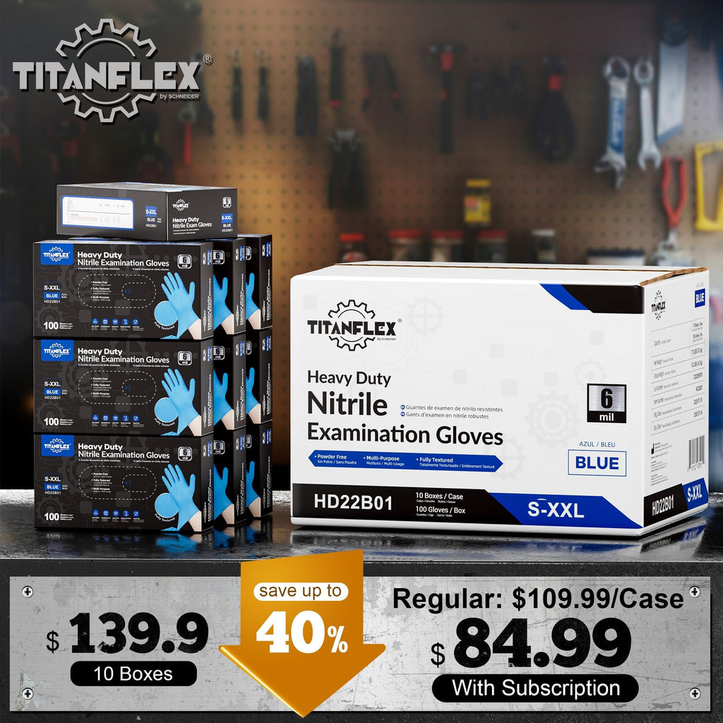 TitanFlex Heavy-Duty Blue Disposable Nitrile Gloves, Medium, Case of 1000, 6-mil, Fully Textured, Powder-Free, Latex-Free
