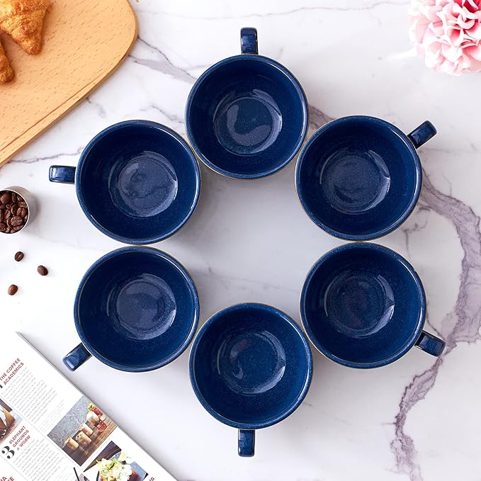 Set of 6 Cups Vintage Design 12 oz Professional Barista Ceramic Latte Art Cappuccino Cups Set (Embossed Blue * 6)