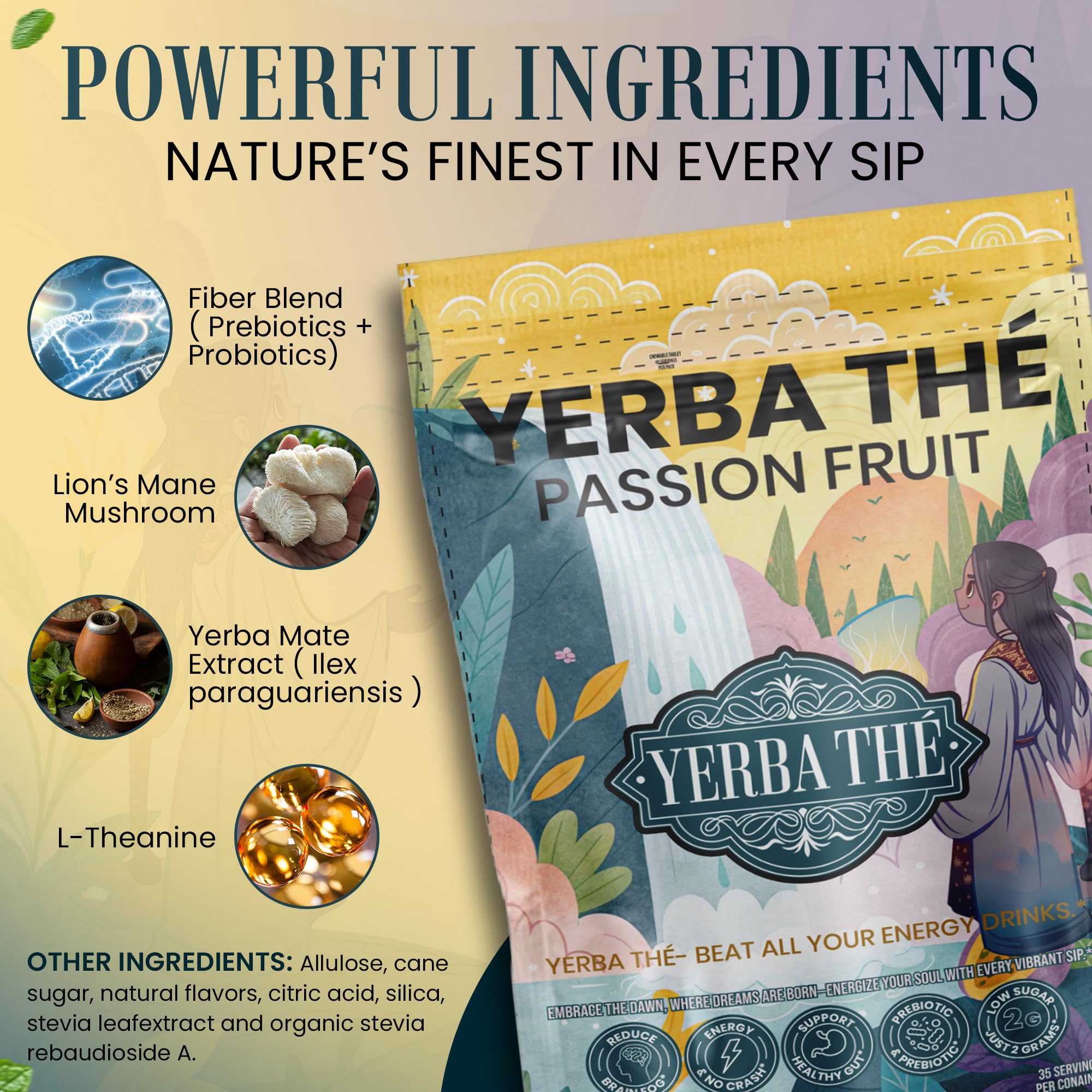 Yerba Mate Powder - Clean Energy & Focus - Organic Yerba Mate Tea 350g - Supports Gut Health with Probiotics & Prebiotics, Brain Fog Relief, Focus & Relaxation - Passion Fruit Flavor, 35 Servings