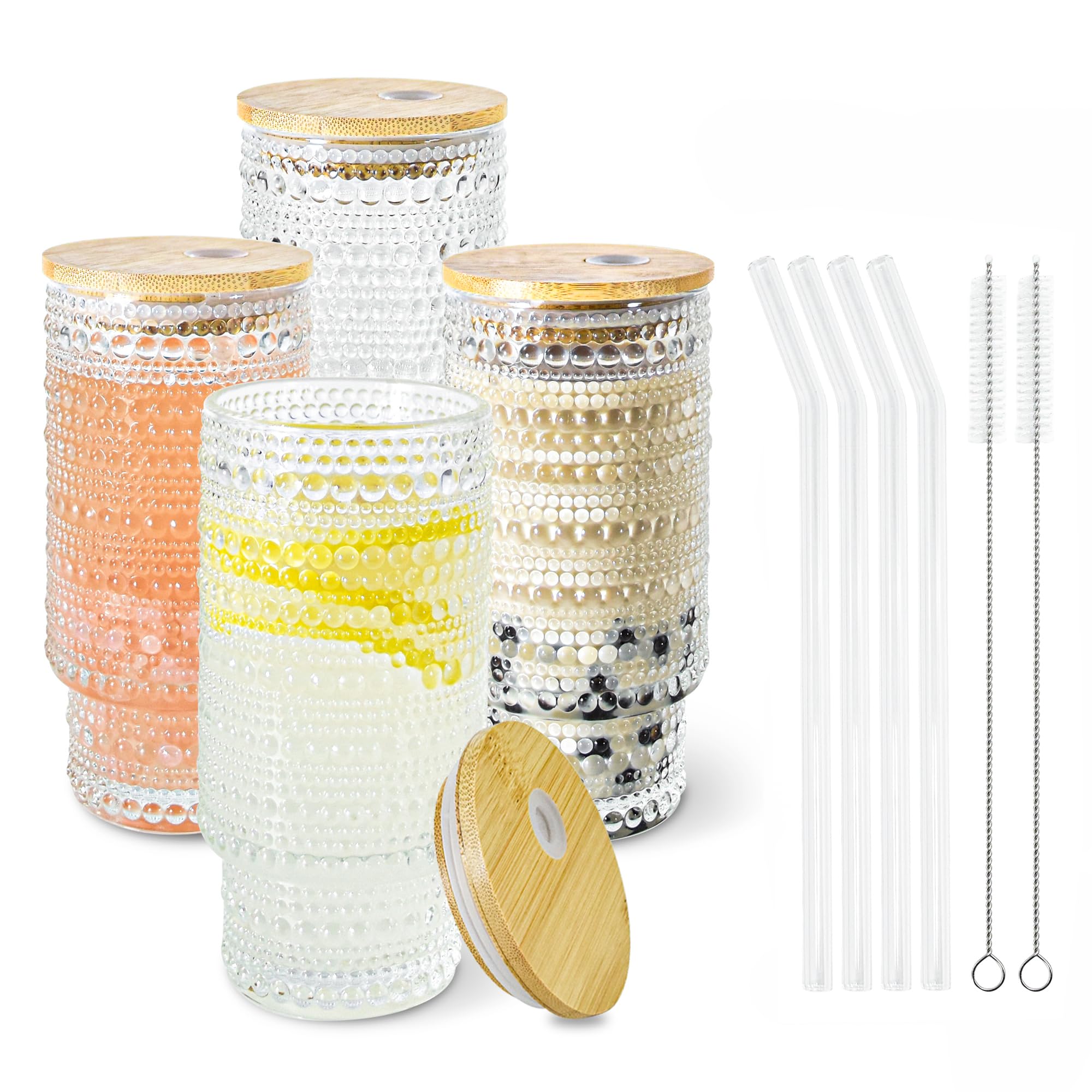 Icesip Glass Cups with Lids and Straws 16 oz Hobnail Drinking Glasses