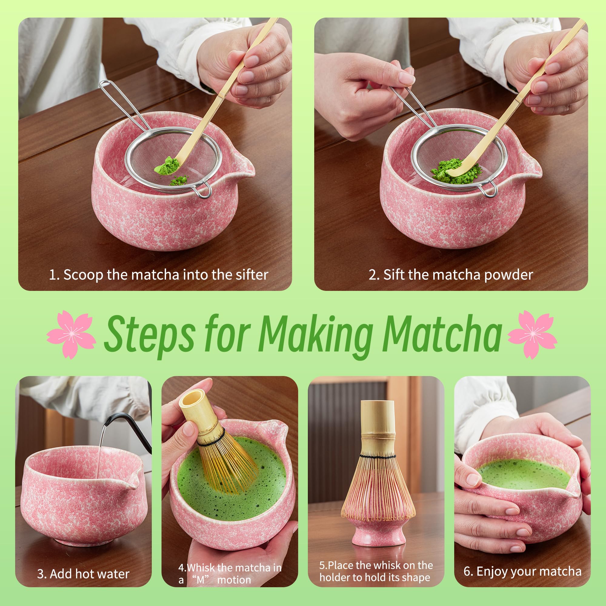 TEANAGOO Matcha Whisk Set,7 Pcs Matcha Set Pink for Making Latte,Ceramic Bowl(chawan) whith Spout and Whisk,Gift for Friend/Family