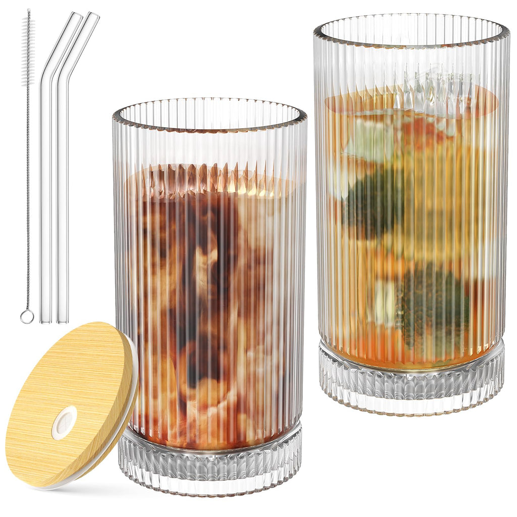 15 Oz Glass Cups with Lid and Straw, Iced Coffee Cups with Lid, Vintage Glassware for Whiskey Cocktail Beer (2 PACK)