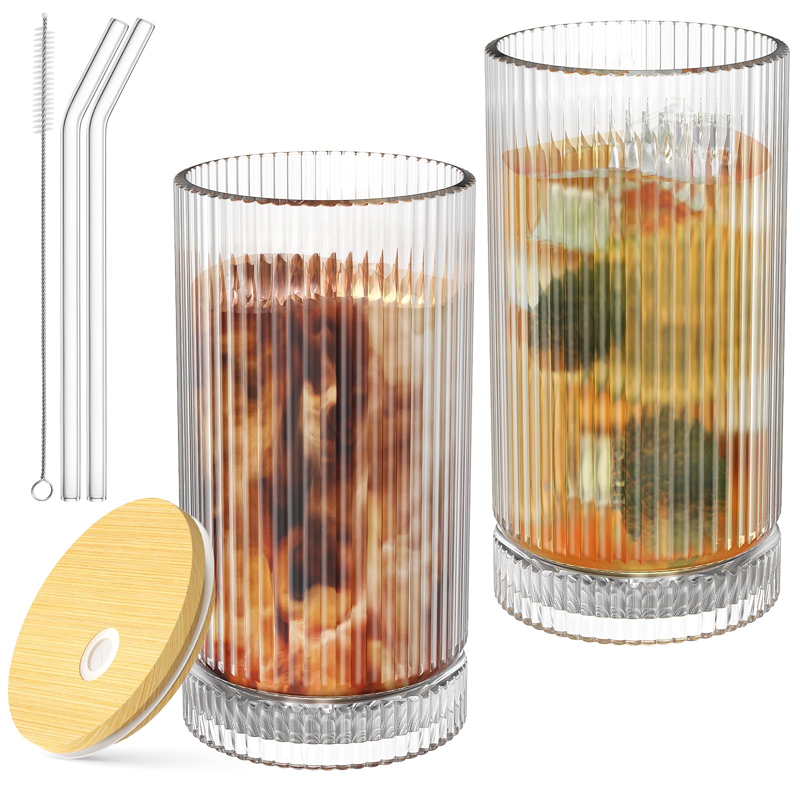 15 Oz Glass Cups with Lid and Straw, Iced Coffee Cups with Lid, Vintage Glassware for Whiskey Cocktail Beer (2 PACK)