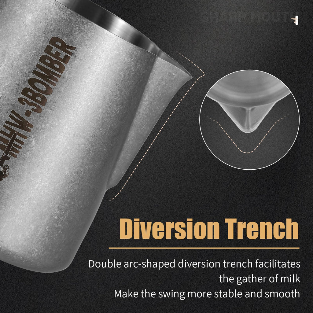 MHW-3BOMBER Milk Frothing Pitcher, 16oz/450ml Milk Frother Cup for Barista, SUS304 Stainless Steel Espresso Steaming Pitchers for Milk/Coffee/Latte Art, P3027SS-OS