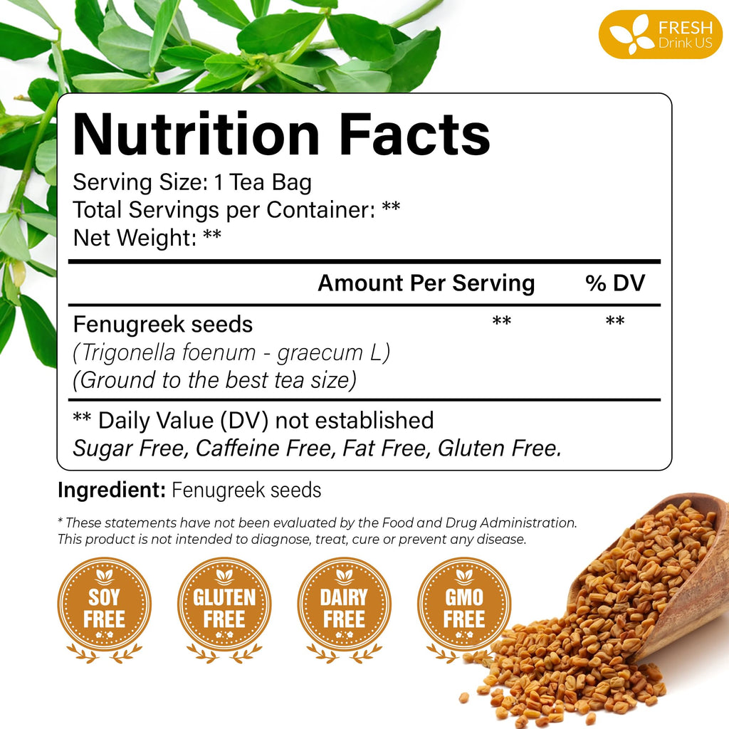 FreshDrinkUS, Premium 120 Fenugreek Tea Bags, 100% Natural & Pure from Fenugreek. Fenugreek Herbal Tea. Made with Natural Material Tea Bags. No Sugar, No Caffeine, No Gluten, Vegan.