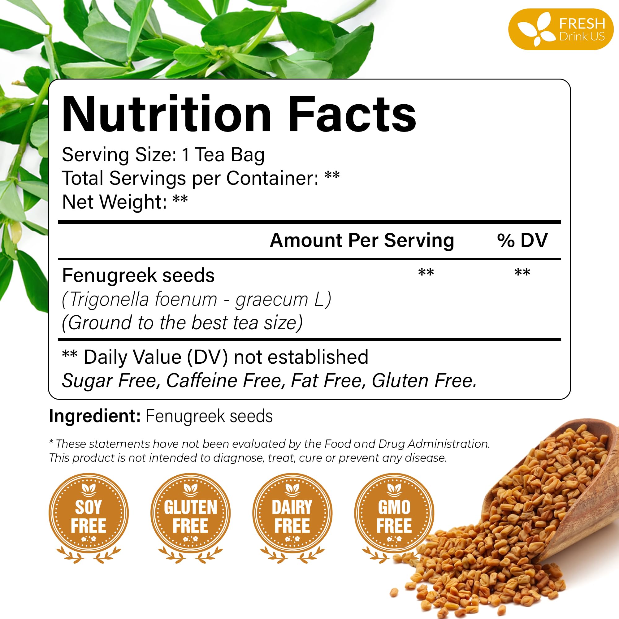 FreshDrinkUS, Premium 120 Fenugreek Tea Bags, 100% Natural & Pure from Fenugreek. Fenugreek Herbal Tea. Made with Natural Material Tea Bags. No Sugar, No Caffeine, No Gluten, Vegan.